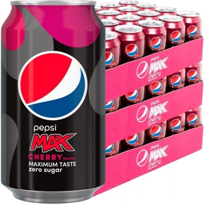 Frisdrank, Pepsi Cola MAX CHERRY, Tray 24 Blikjes 33 cl, MET GOEDE houdbaarheidsdatum